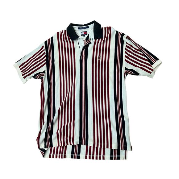 Vintage 1990s Tommy Hilfiger Red Striped Polo Shirt Preppy Style / Mens XL - - Picture 1 of 4